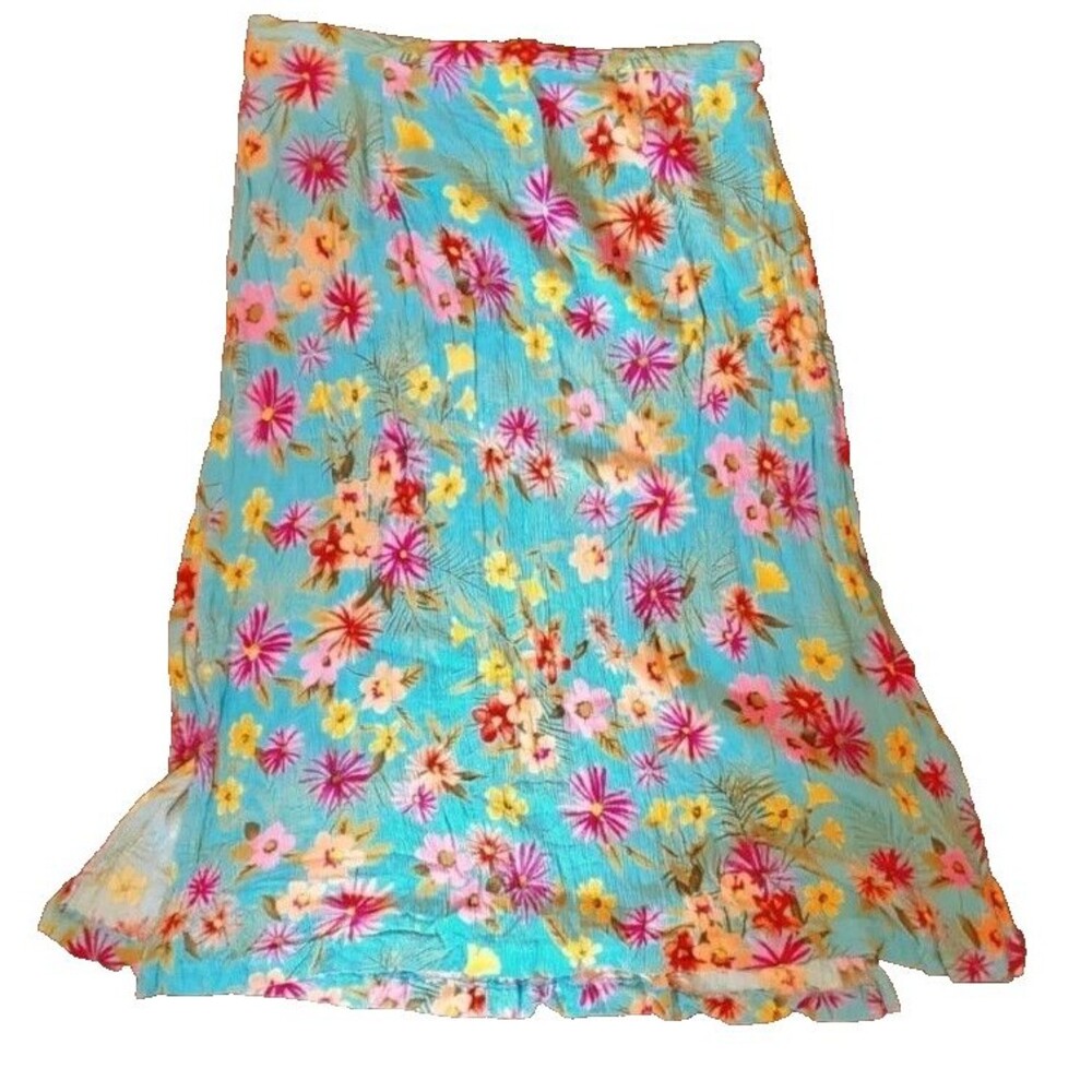 Vintage Stonebridge 1x Floral Print Tropical Elastic Midi Skirt Baby Blue Flowy